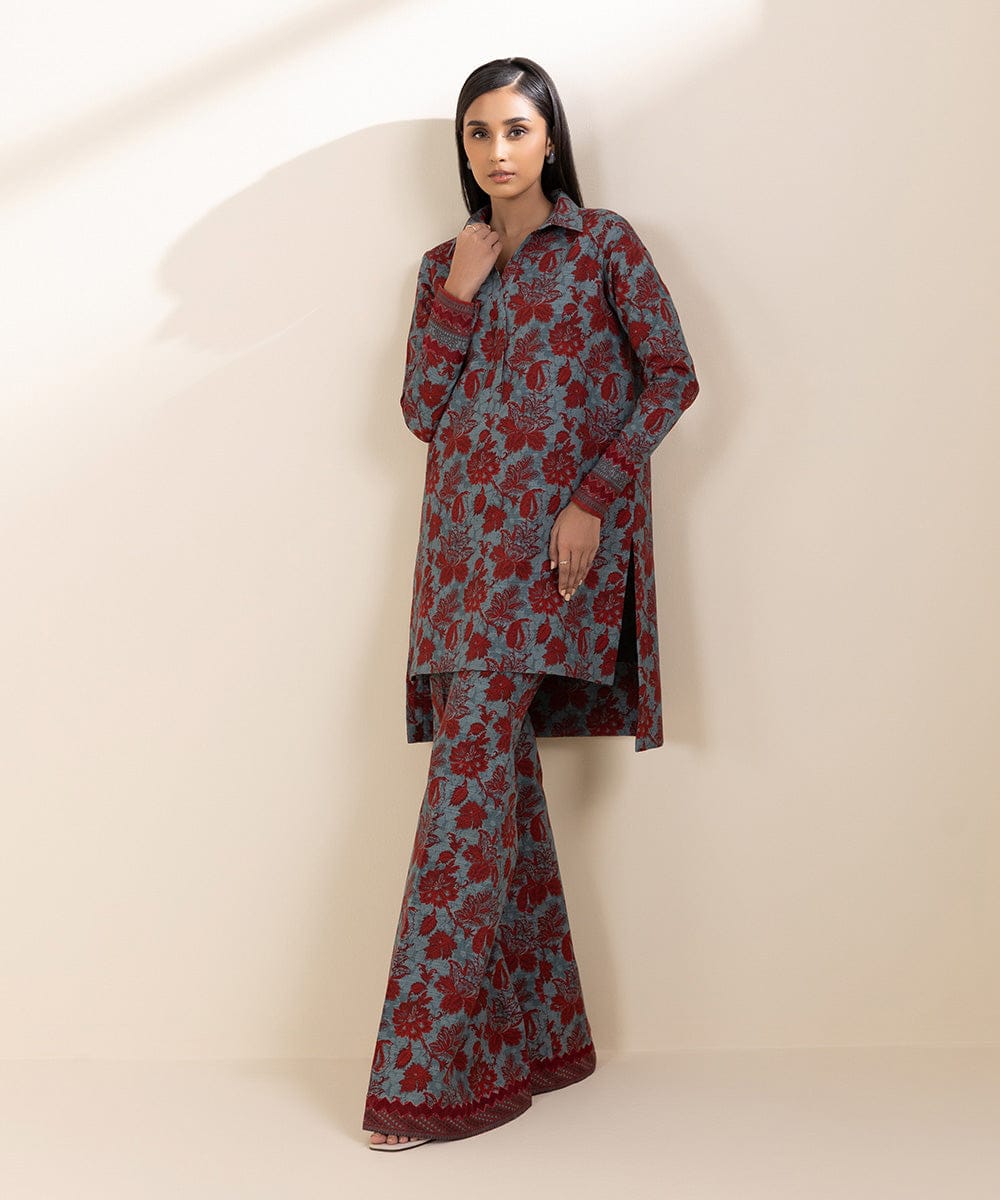 Sapphire 2-Piece Printed Light Khaddar Suit – Deep Maroon Floral Winter Ensemble
