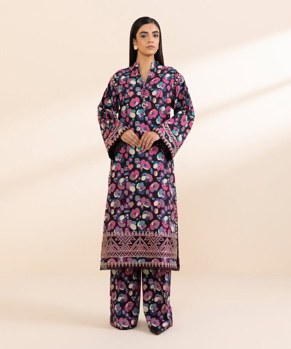 Sapphire 2-Piece Printed Light Khaddar Suit – Midnight Floral Winter Set with Embroidered Borders