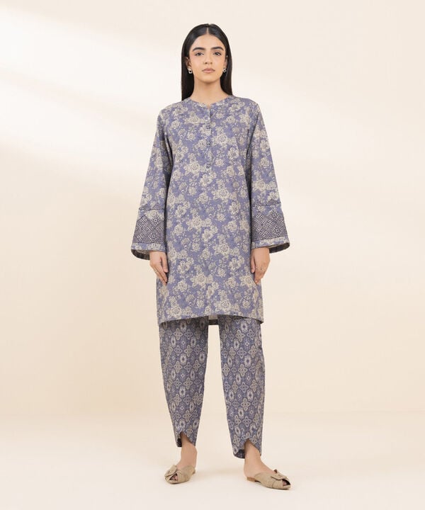 Sapphire 2-Piece Printed Khaddar Suit – Vintage Blue Winter Set with Embroidered Border Detailing