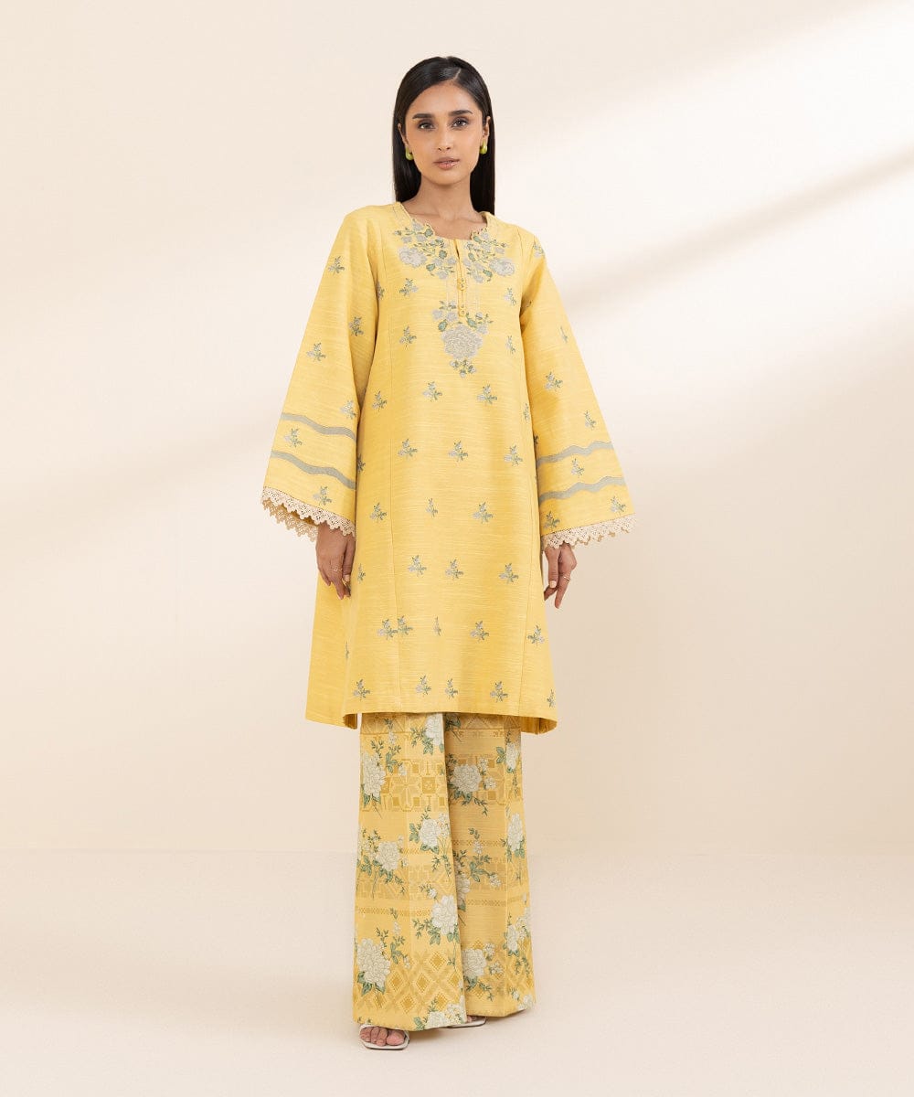 Sapphire 2-Piece Dyed & Embroidered Light Khaddar Suit with Printed Trouser – Soft Yellow Winter Ensemble