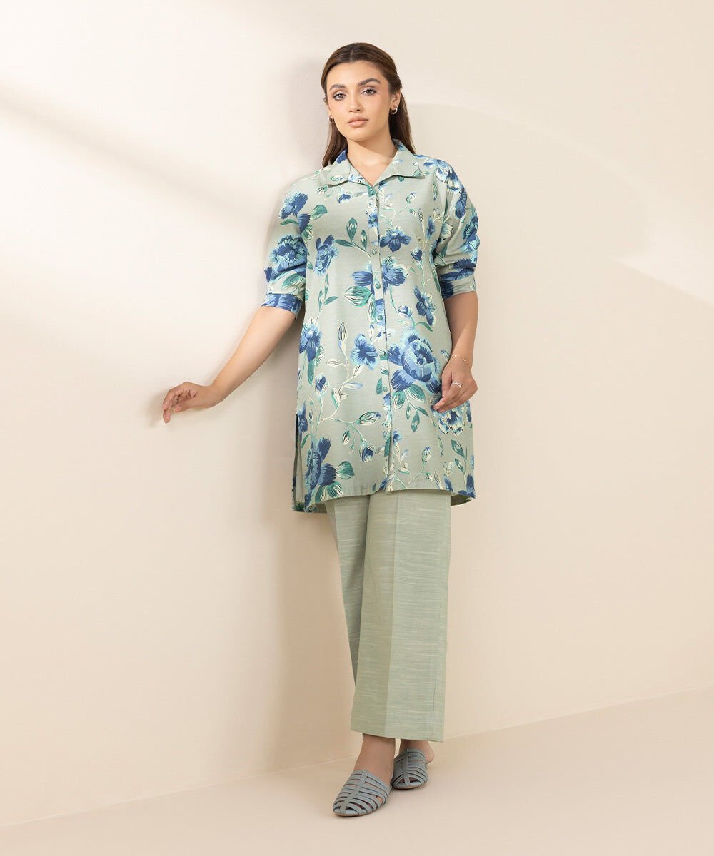 Sapphire 1-Piece Printed Khaddar Shirt – Soft Mint Floral Winter Kurti