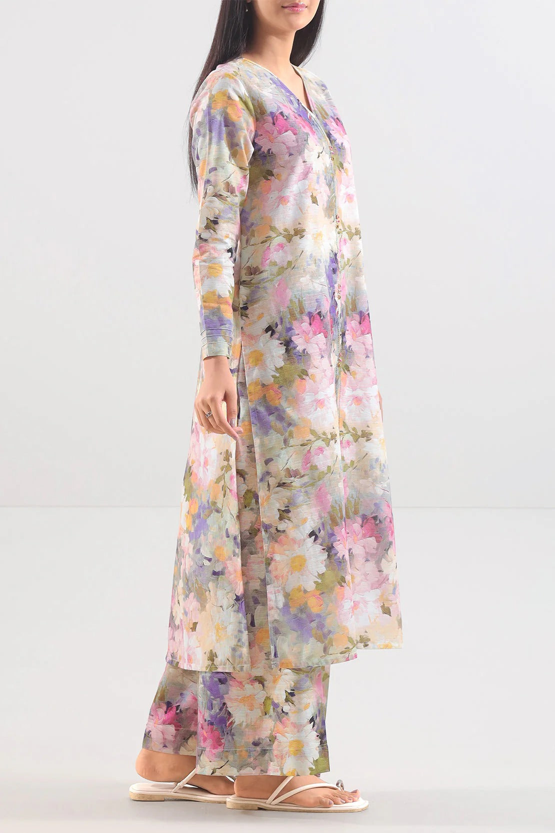 Saya Premium Printed Cotton Khaddar 2-Piece Suit – Soft Pastel Watercolor Long Shirt & Trouser