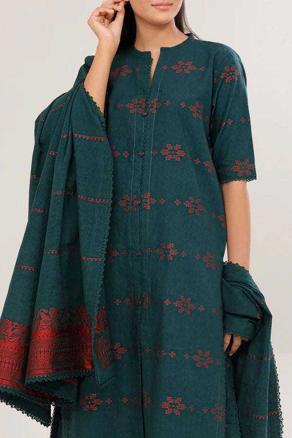 Saya Premium Dyed Jacquard 3-Piece Suit – Deep Teal Blue with Red Accents