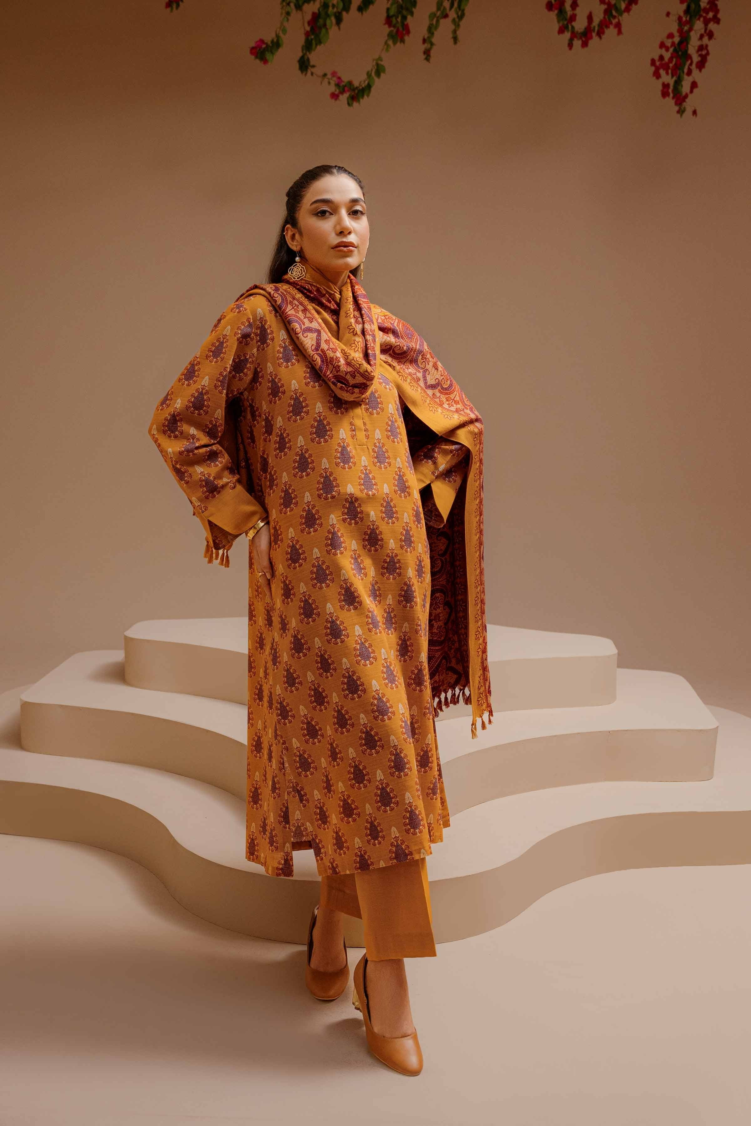 Nishat Premium Winter Khaddar 3-Piece Suit – Mustard Heritage Motif Edition