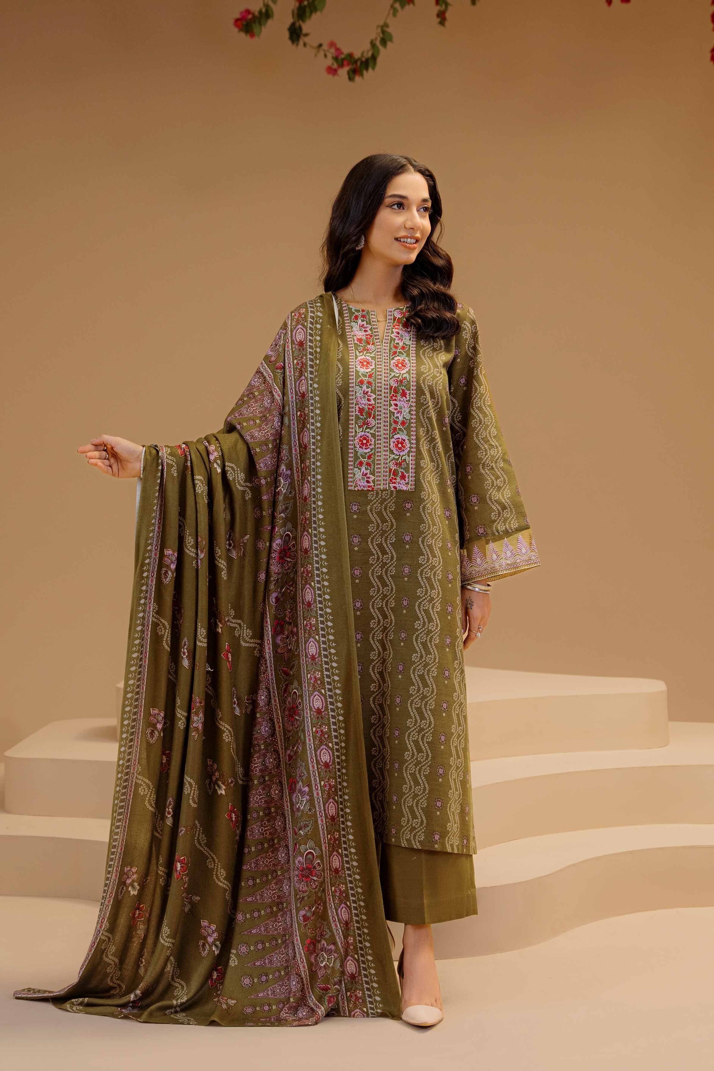 Nishat Premium Khaddar 3-Piece Suit – Olive Meadow Floral Harmony