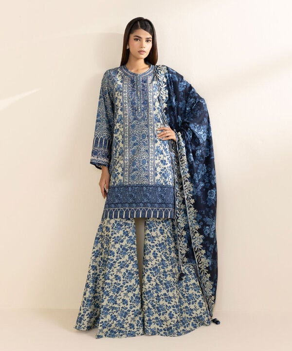 Sapphire 3-Piece Printed & Embroidered Linen Suit – Blue Floral Elegance