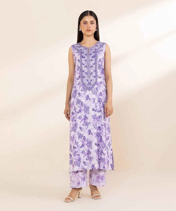 Sapphire 2-Piece Printed Linen Suit with Embroidered Neckline – Lavender Floral Edition