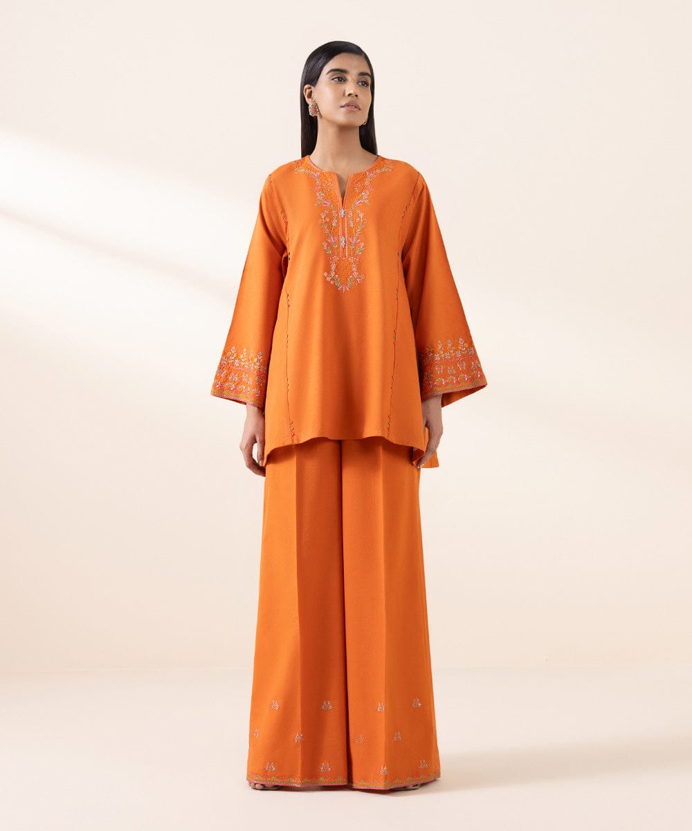 Sapphire 2-Piece Dyed Embroidered Cotton Karandi Suit – Deep Orange Winter Edition