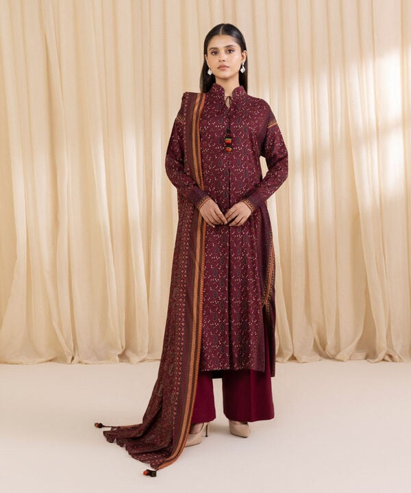Sapphire 2-Piece Printed Linen Suit – Maroon Ethnic Ensemble with Printed Dupatta