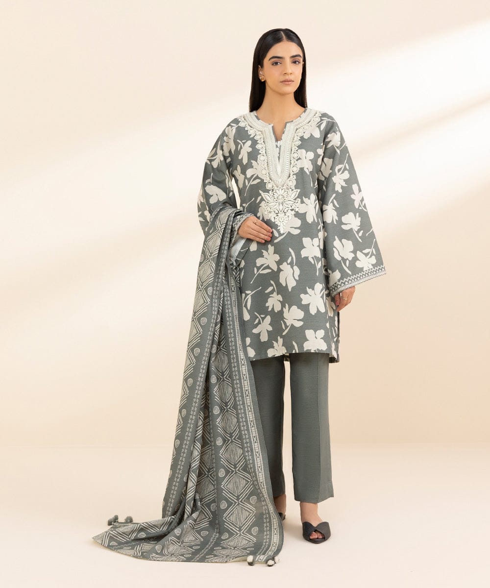 Sapphire 2-Piece Printed Khaddar Suit with Embroidered Neckline – Winter Bloom Edition