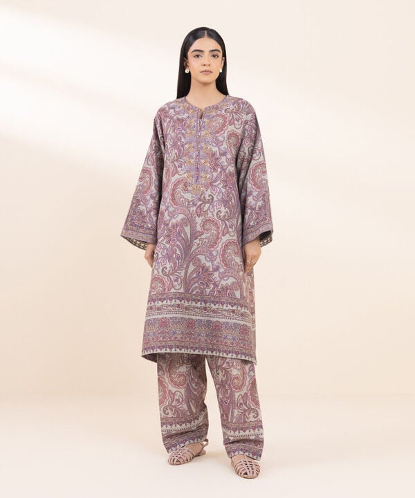 Sapphire 2-Piece Embroidered Light Khaddar Suit – Pastel Paisley Winter Collection