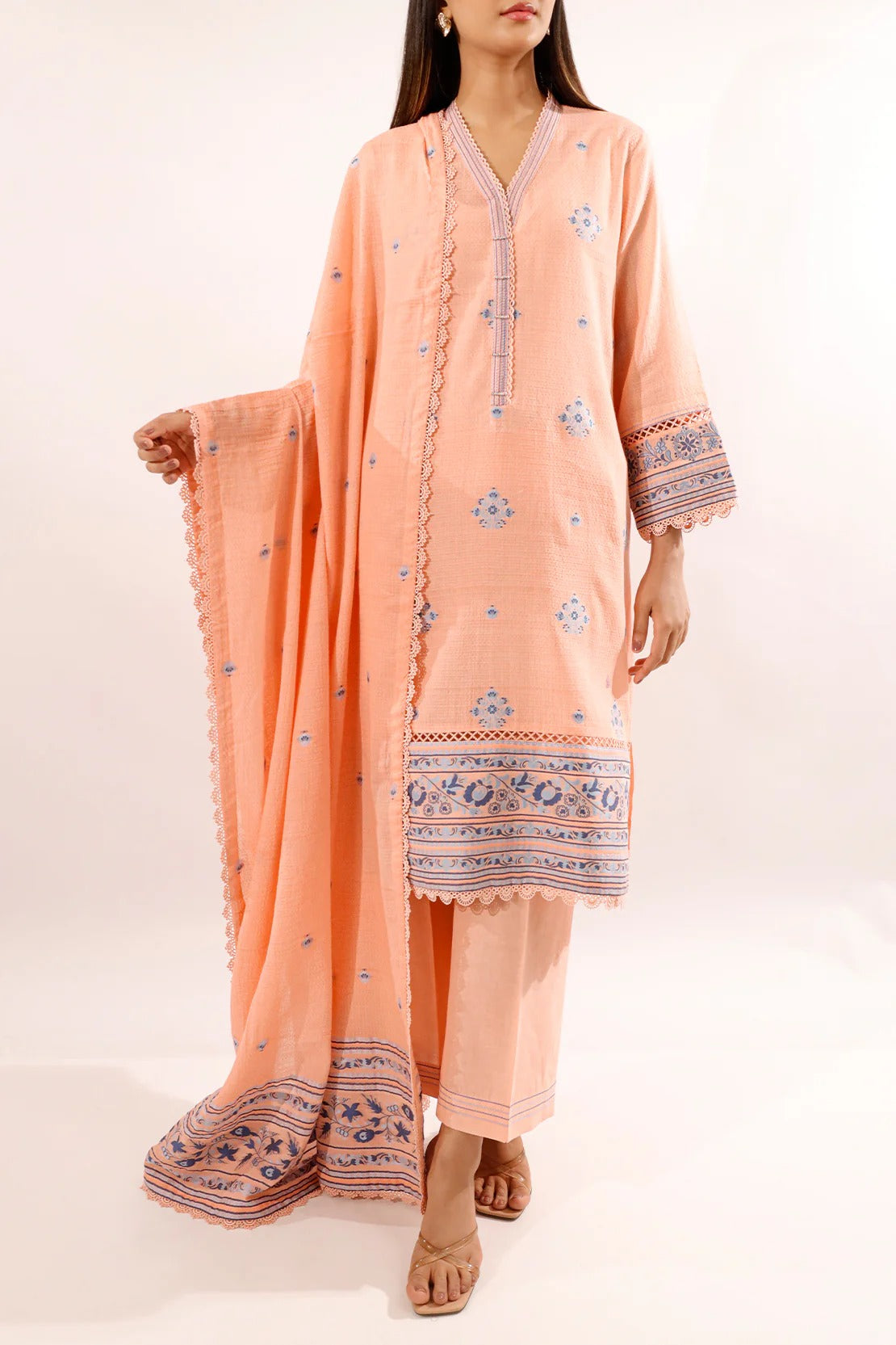 Saya Premium Dyed Jacquard 3-Piece Suit – Soft Peach with Blue Motifs
