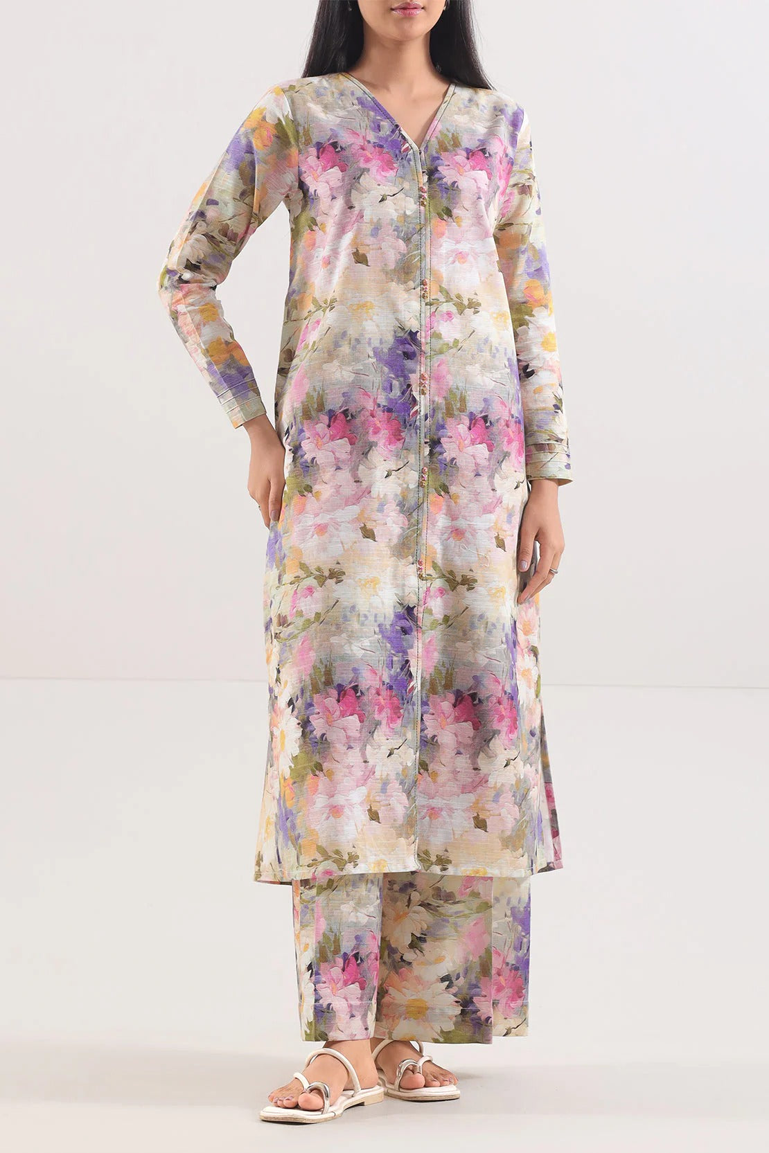 Saya Premium Printed Cotton Khaddar 2-Piece Suit – Soft Pastel Watercolor Long Shirt & Trouser