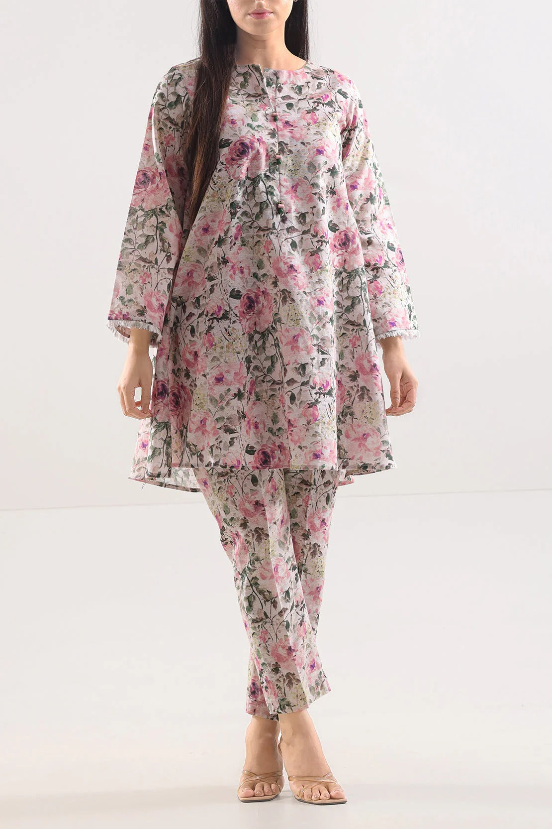 Saya Premium Printed Khaddar 2-Piece Suit – Soft Pink Bloom Floral Cotton Khaddar Shirt & Trouser