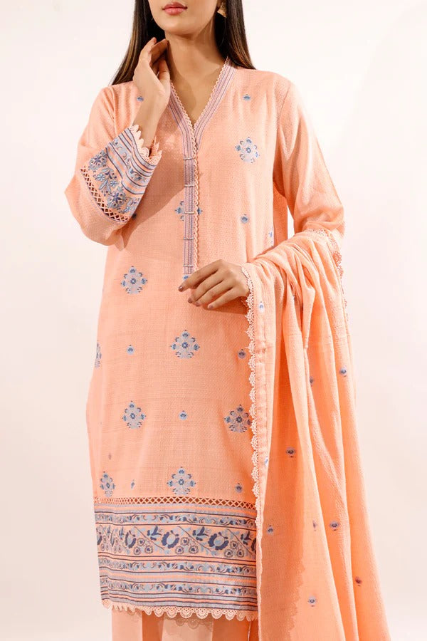 Saya Premium Dyed Jacquard 3-Piece Suit – Soft Peach with Blue Motifs