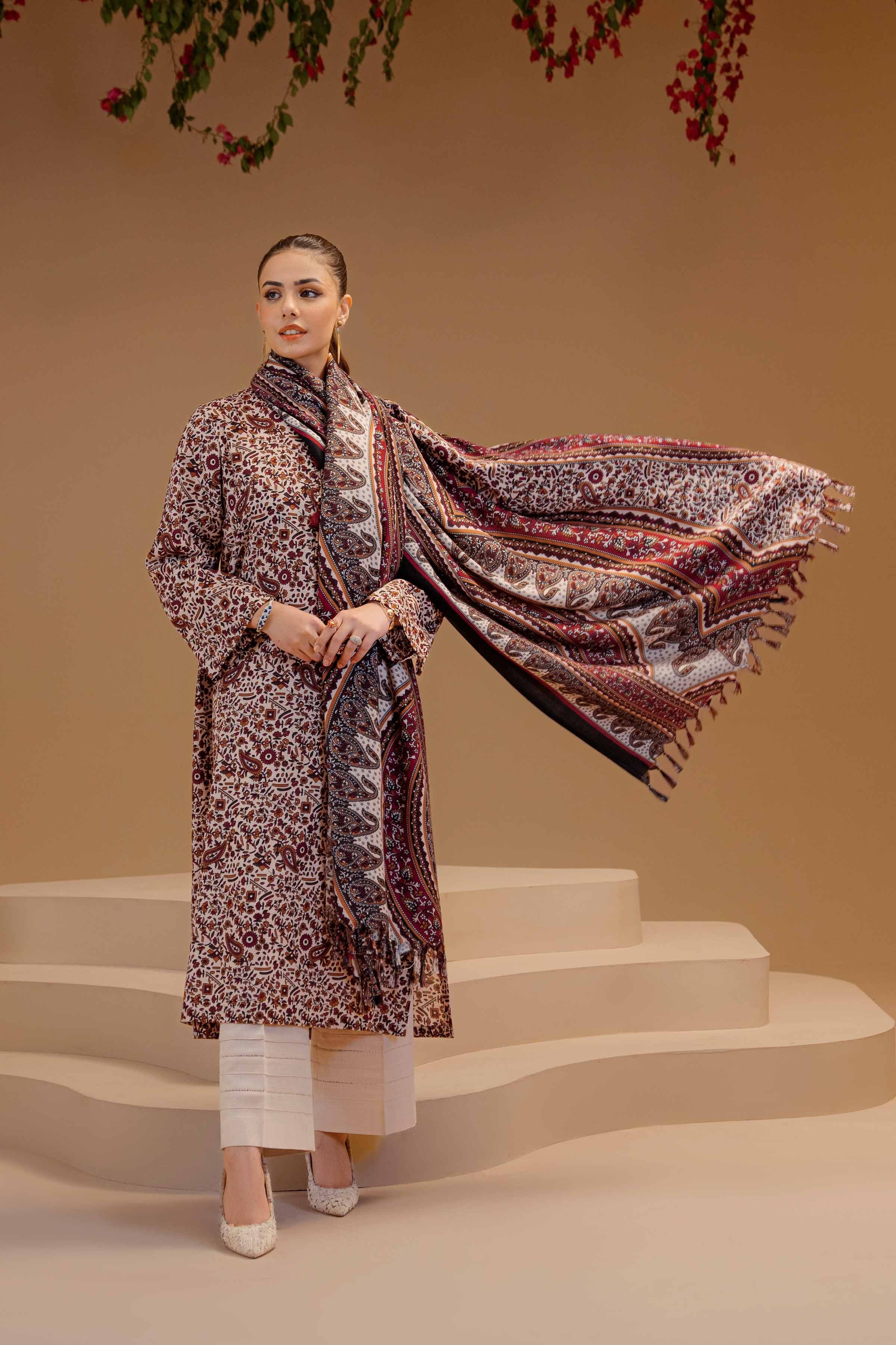 Nishat Premium Khaddar Winter 3-Piece Suit – Deep Maroon Tribal Luxe