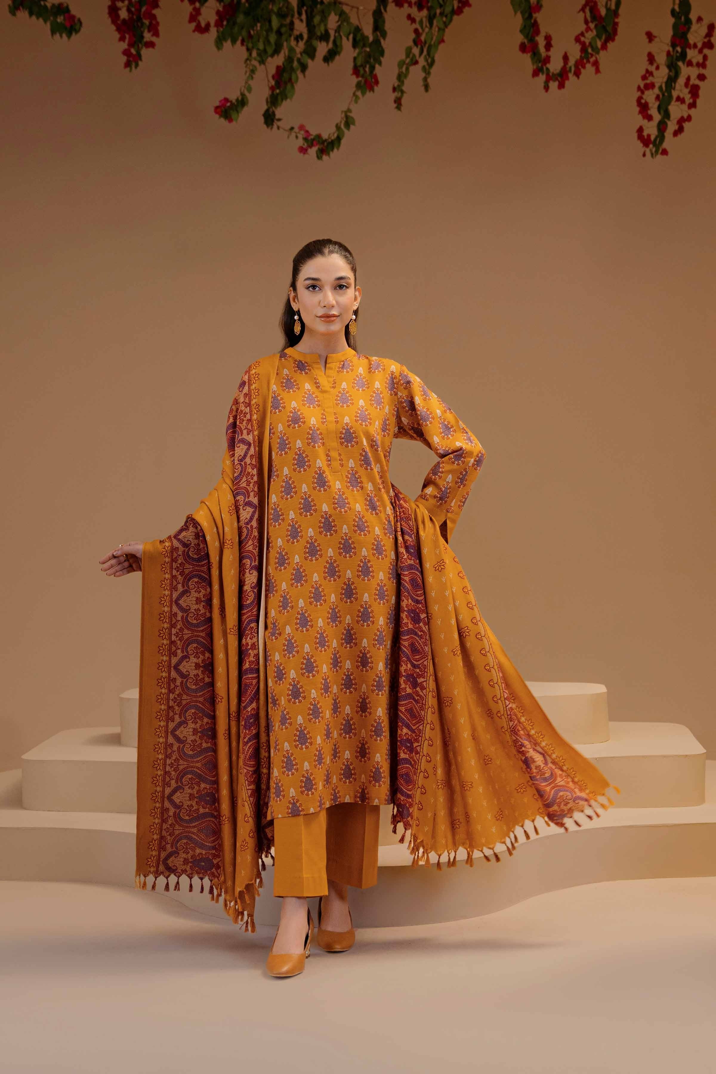 Nishat Premium Winter Khaddar 3-Piece Suit – Mustard Heritage Motif Edition